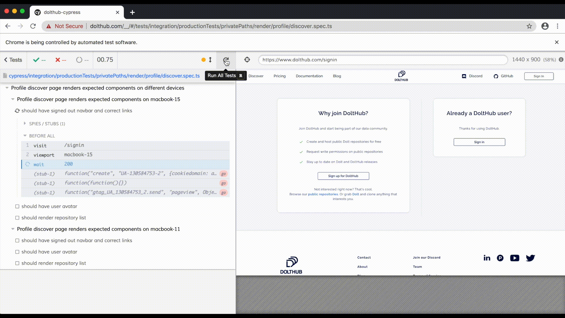 Discover profile tests with login