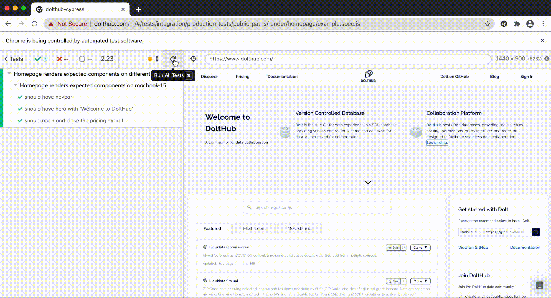 Homepage tests with pricing modal click flow