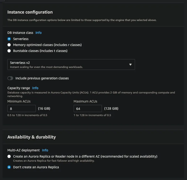 Launch RDS DB settings