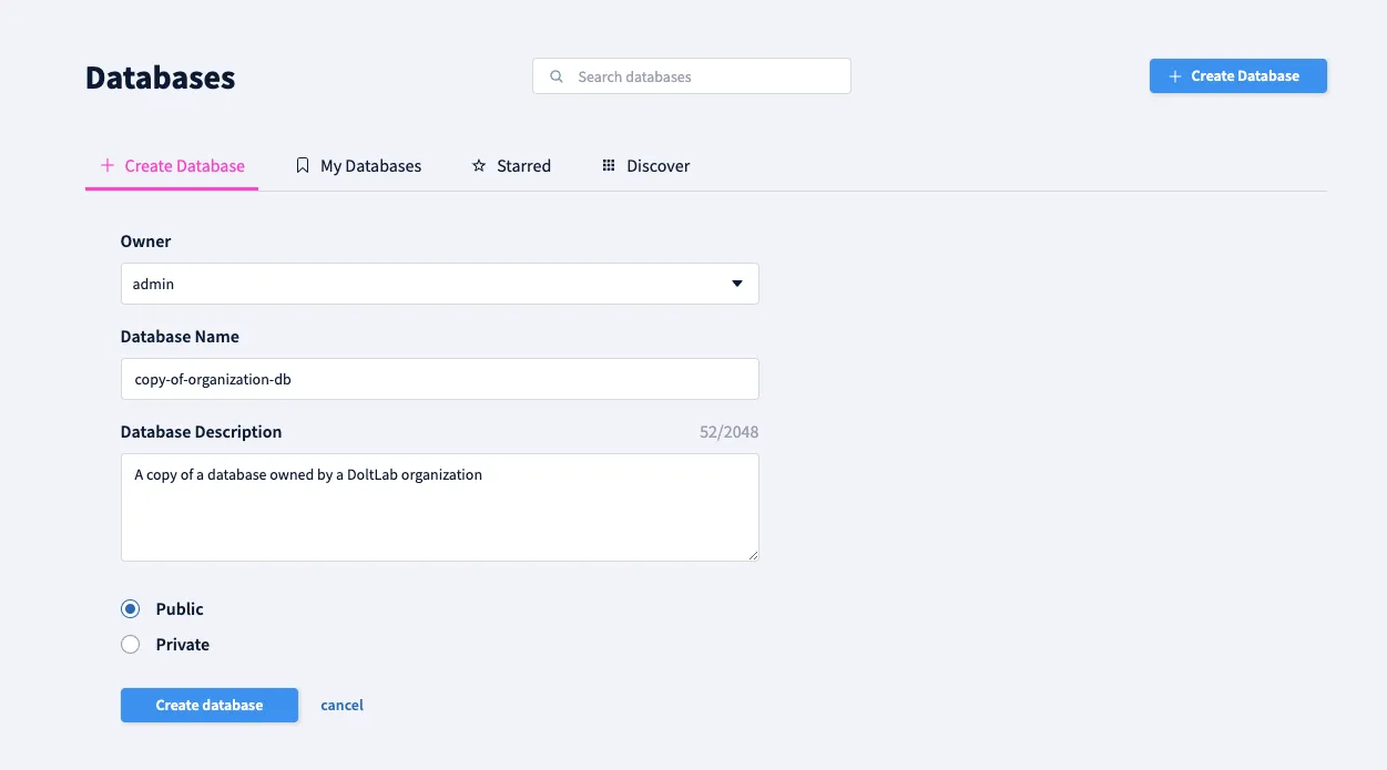 Create user DoltLab database example