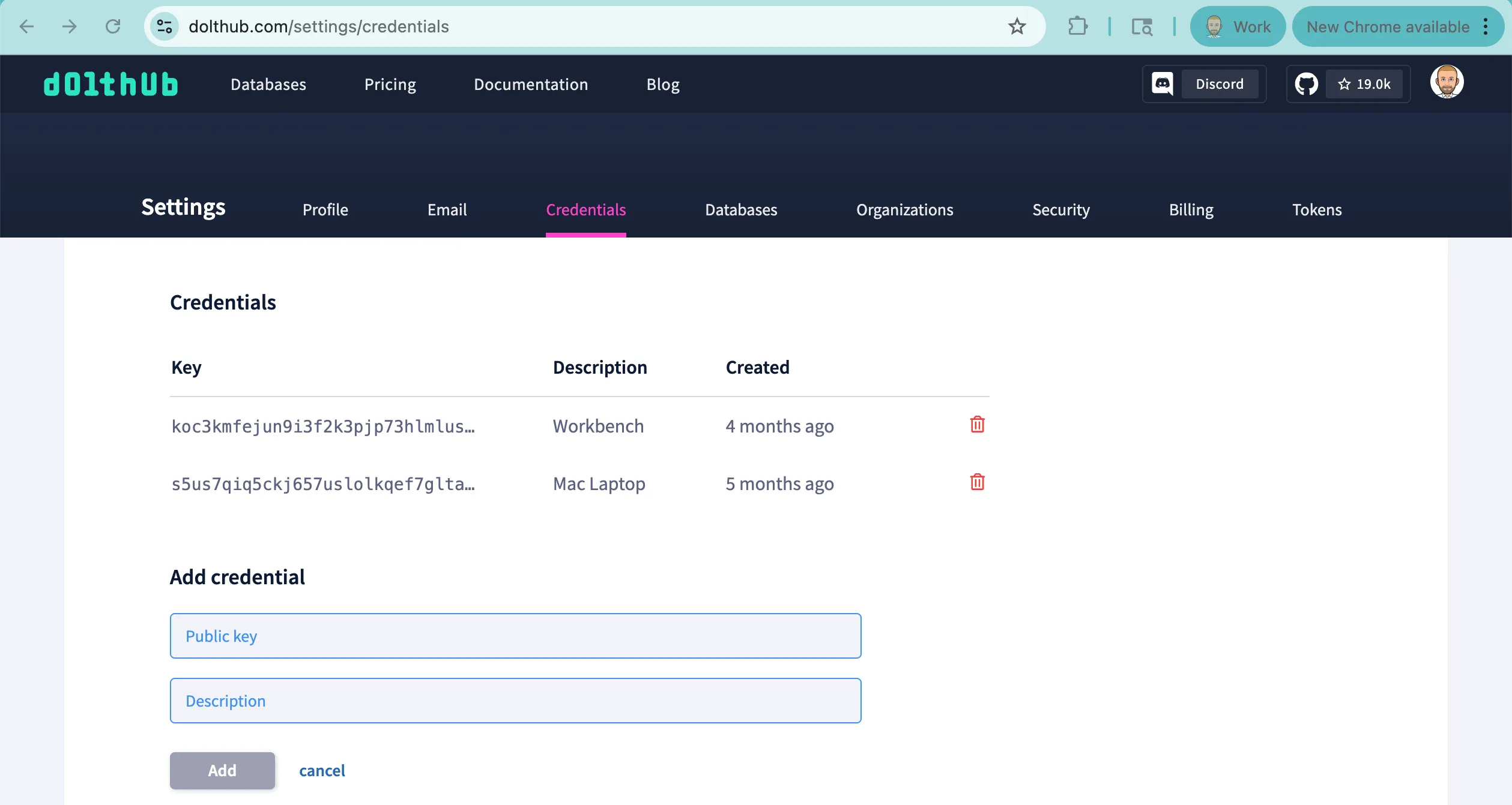 DoltHub Credentials Page