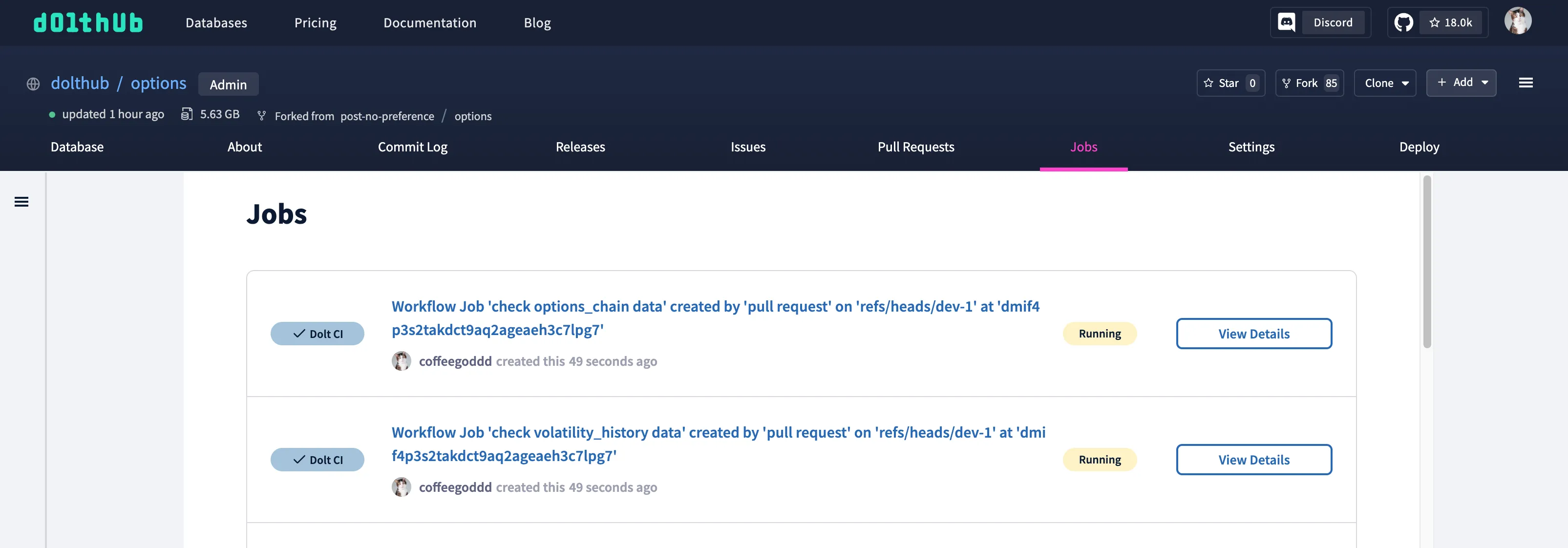Dolt CI Pull Request Checks Running Jobs Page