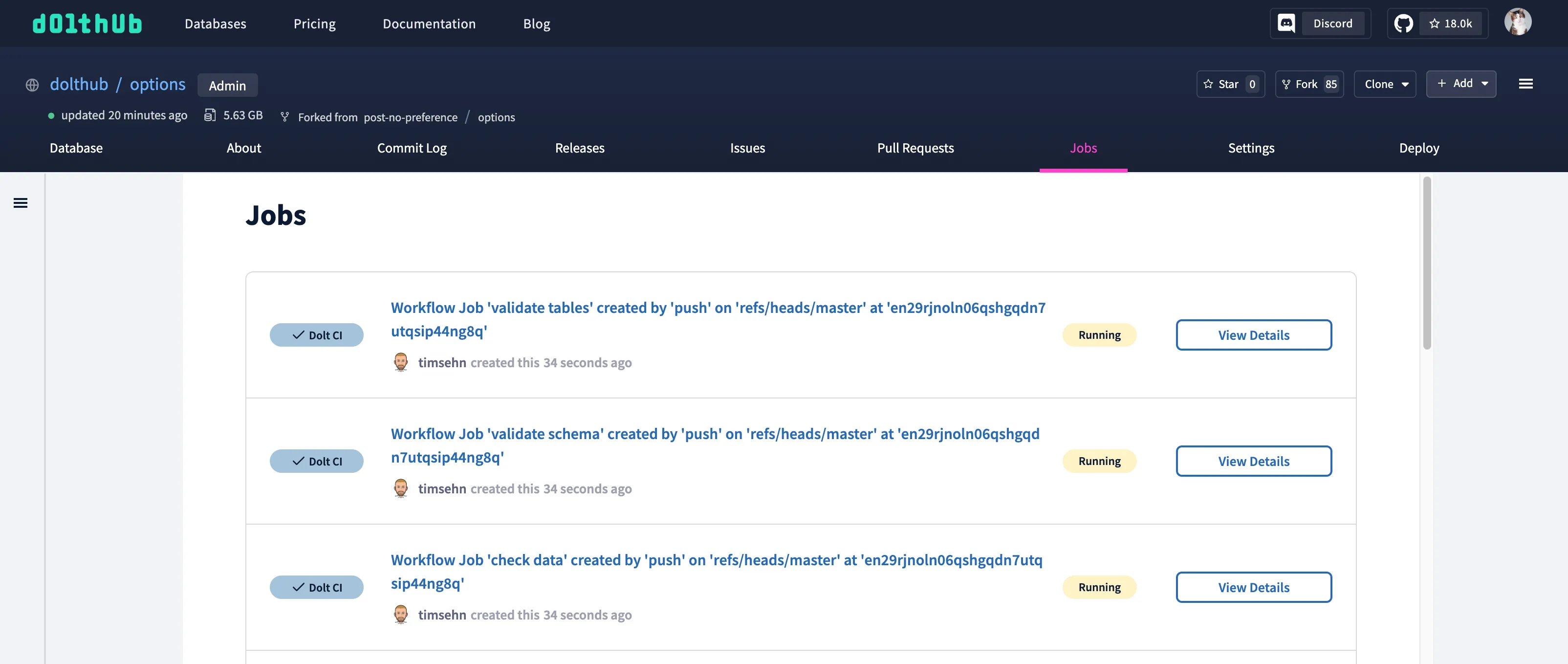 Dolt CI Jobs Page Running