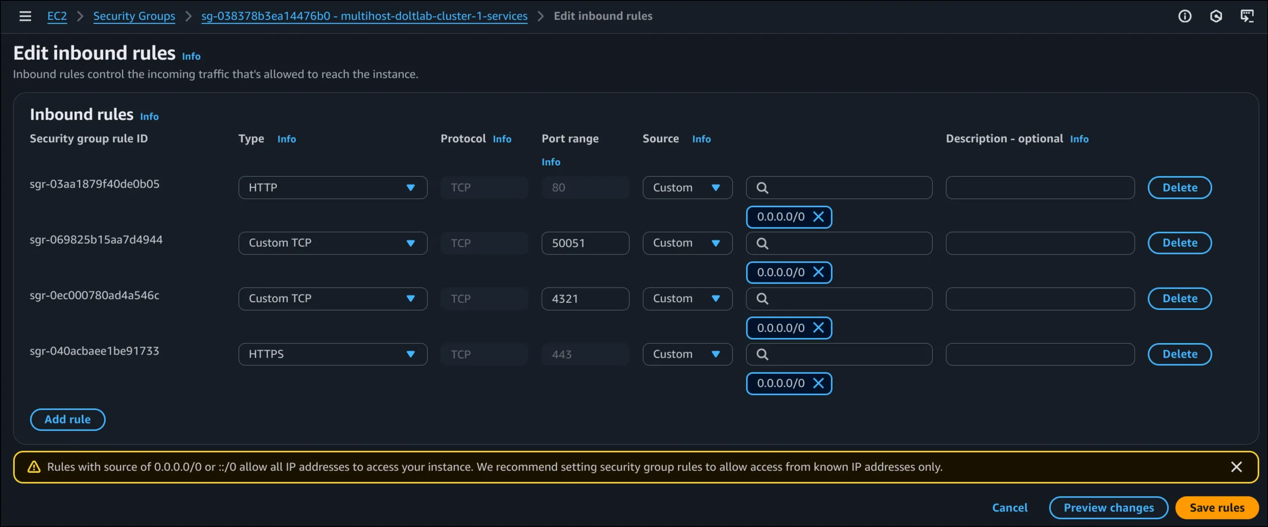 Service ports security group