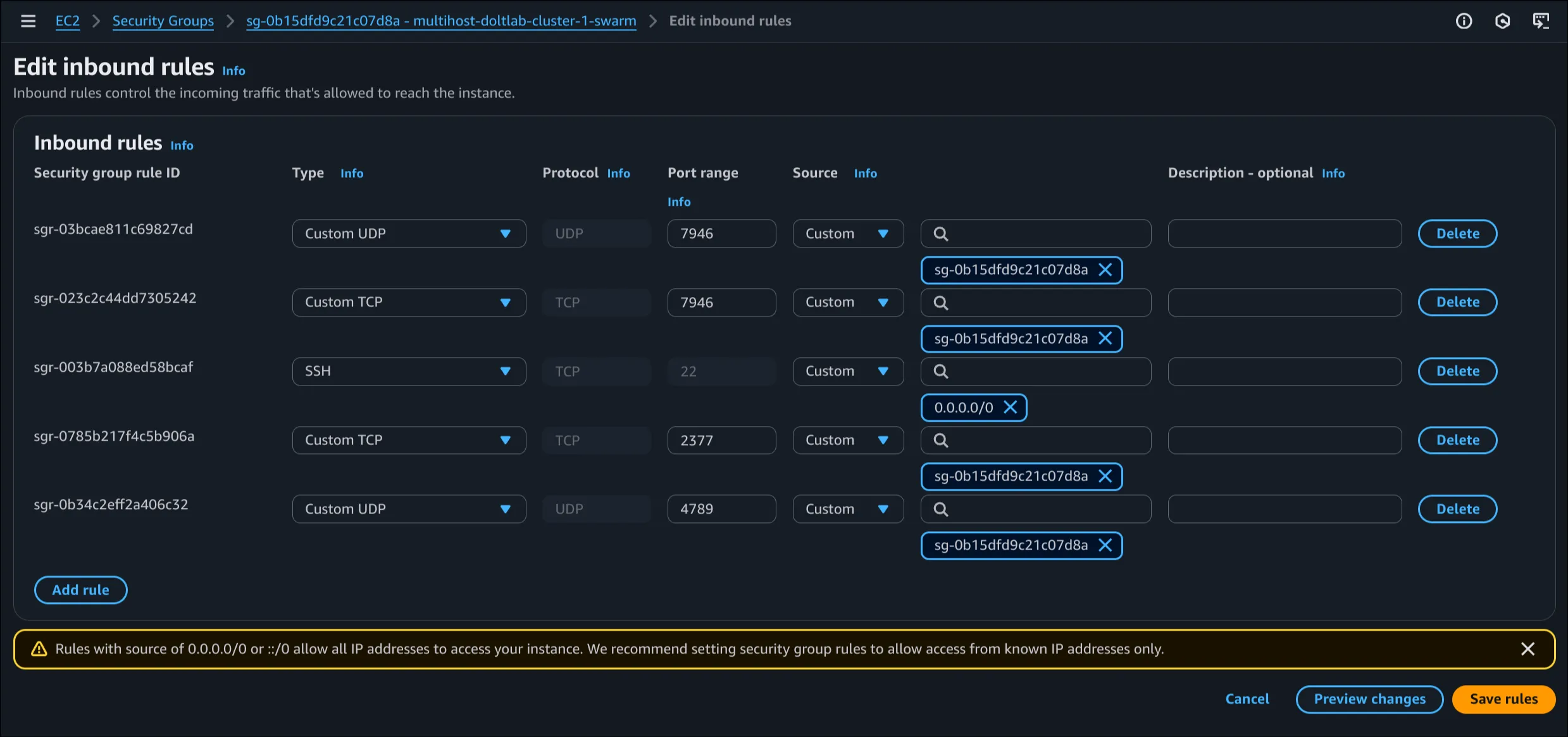 Swarm ports security group