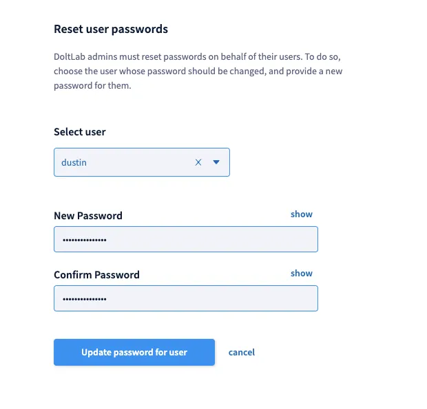 Reset user passwords form