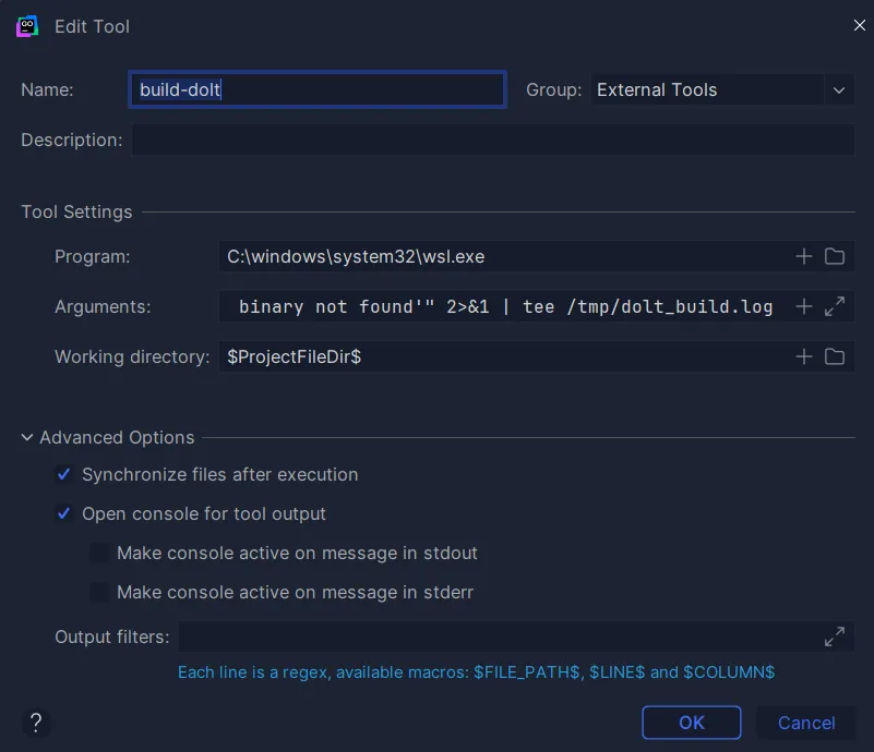 GoLand External Task Configuration Window