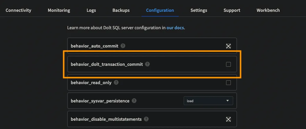 Hosted Dolt Configuration: @@dolt_transaction_commit behavior