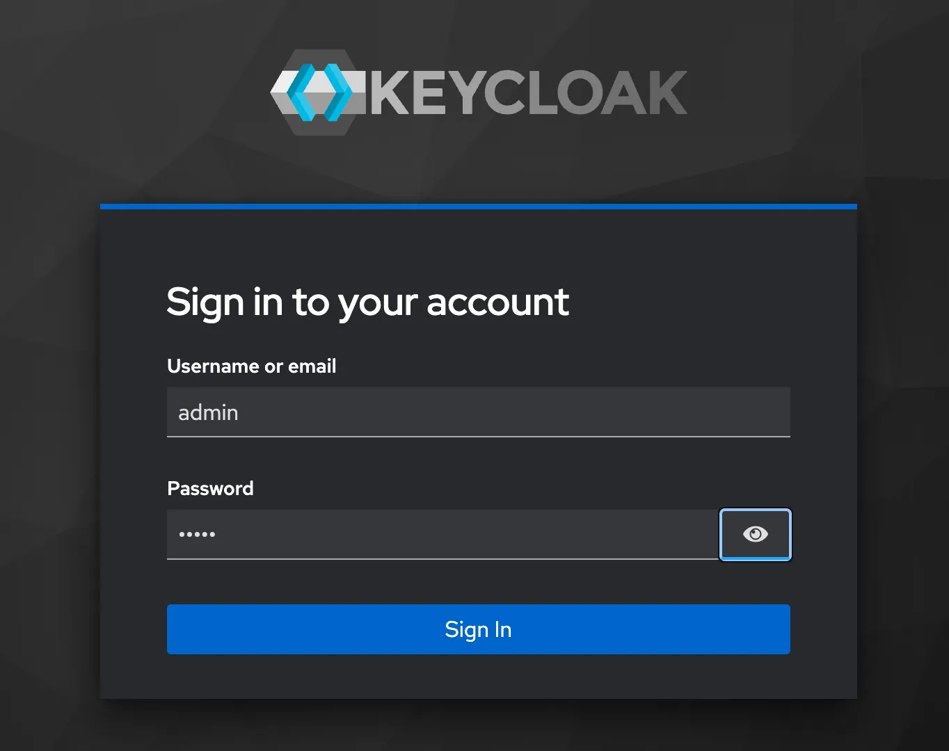 Keycloak admin login screen