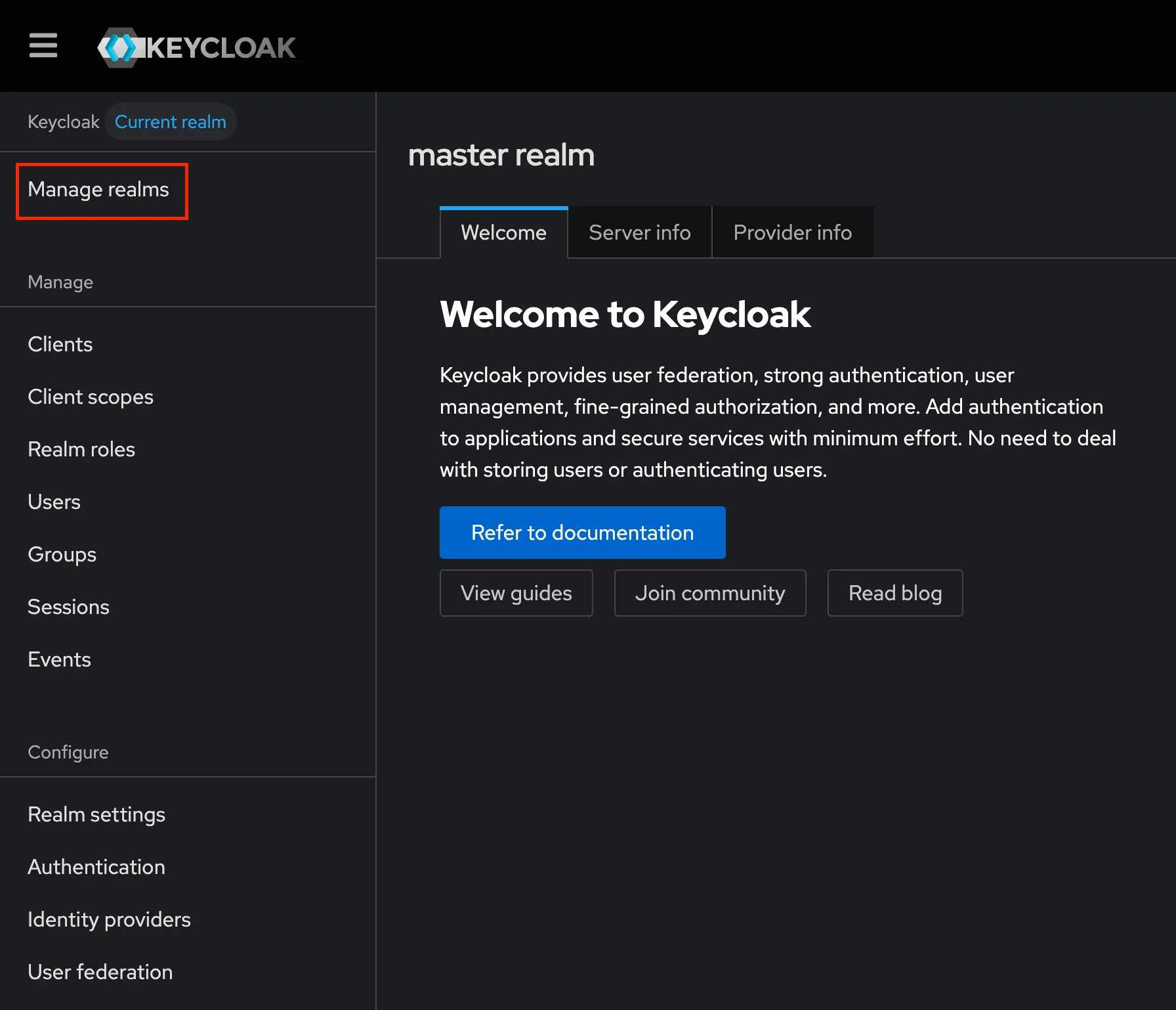 Keycloak dashboard