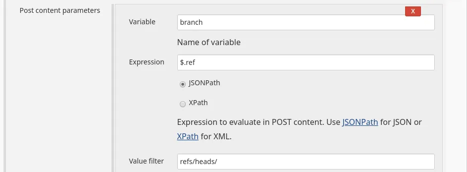 Setting up the webhook build trigger parameters