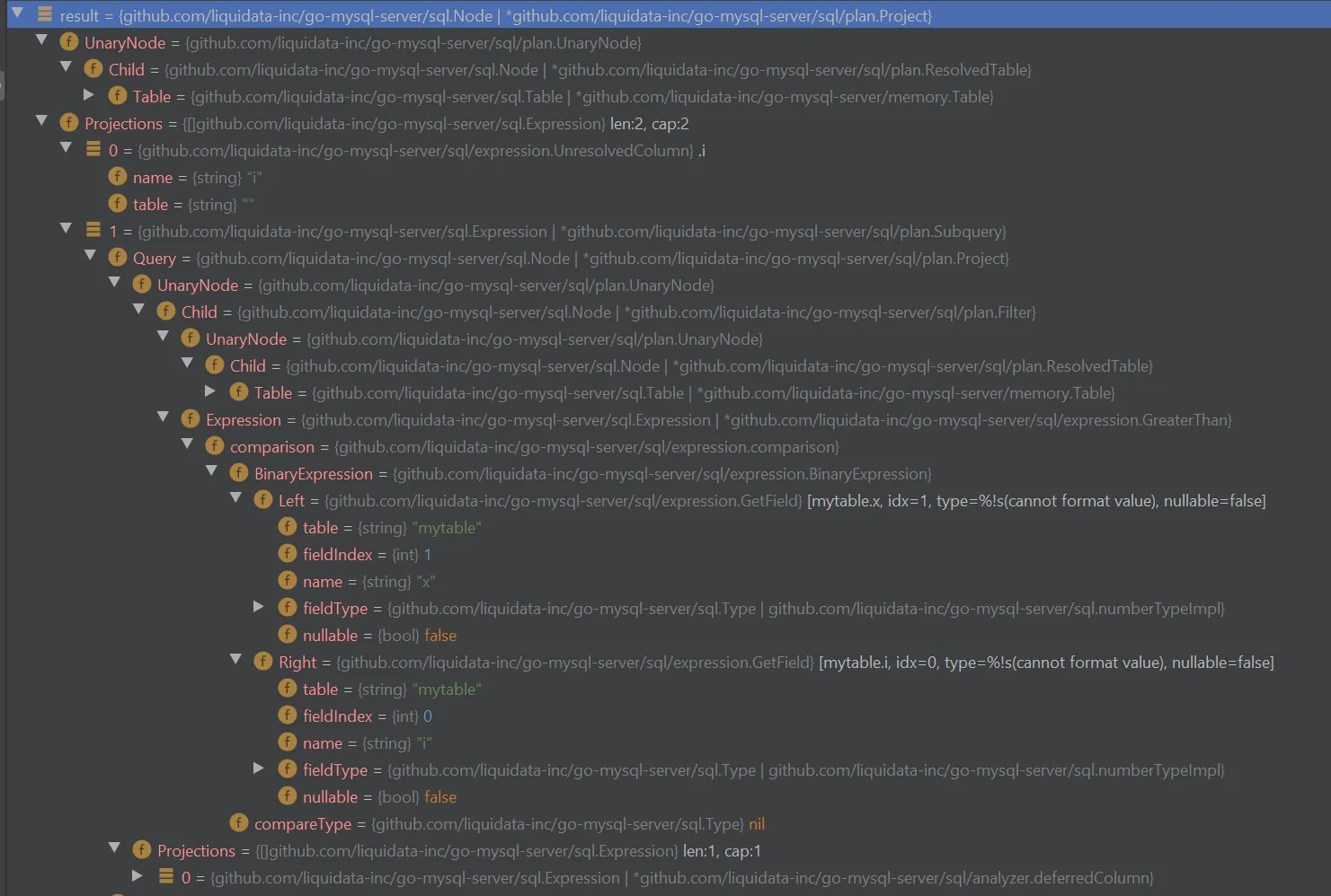 query plan in debugger