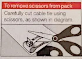 Label reads: "To remove scissors... use scissors"