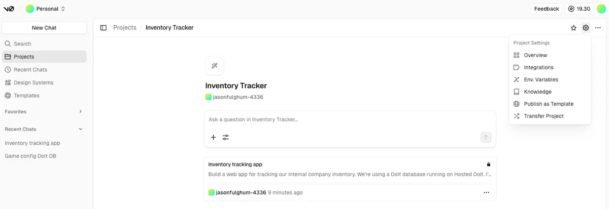 v0.app: Project Settings