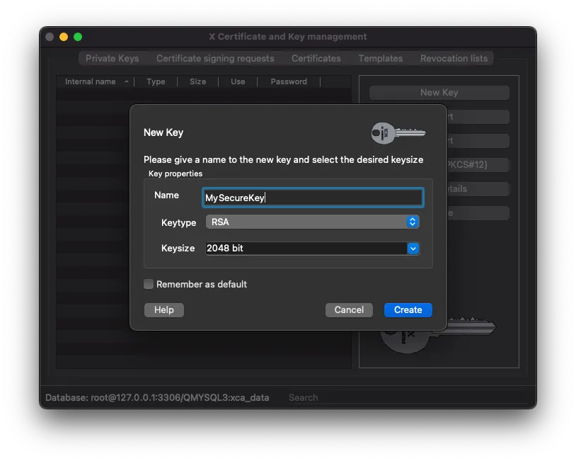 XCA create new private key