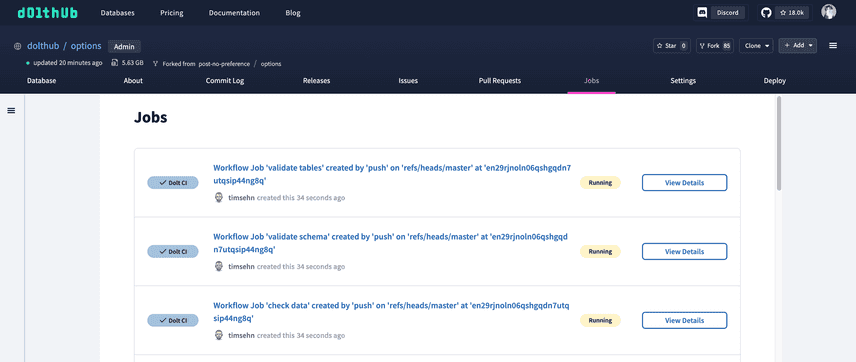 Dolt CI Jobs Page Running