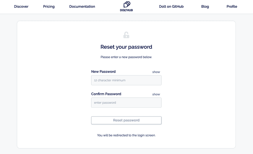 Reset password page