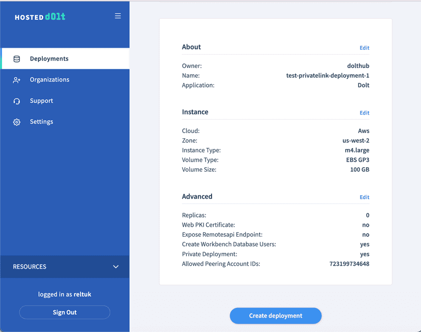 create deployment page 4