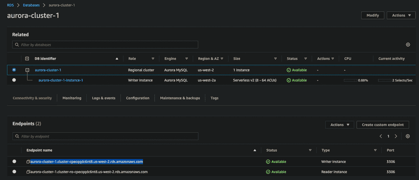 RDS web console database status