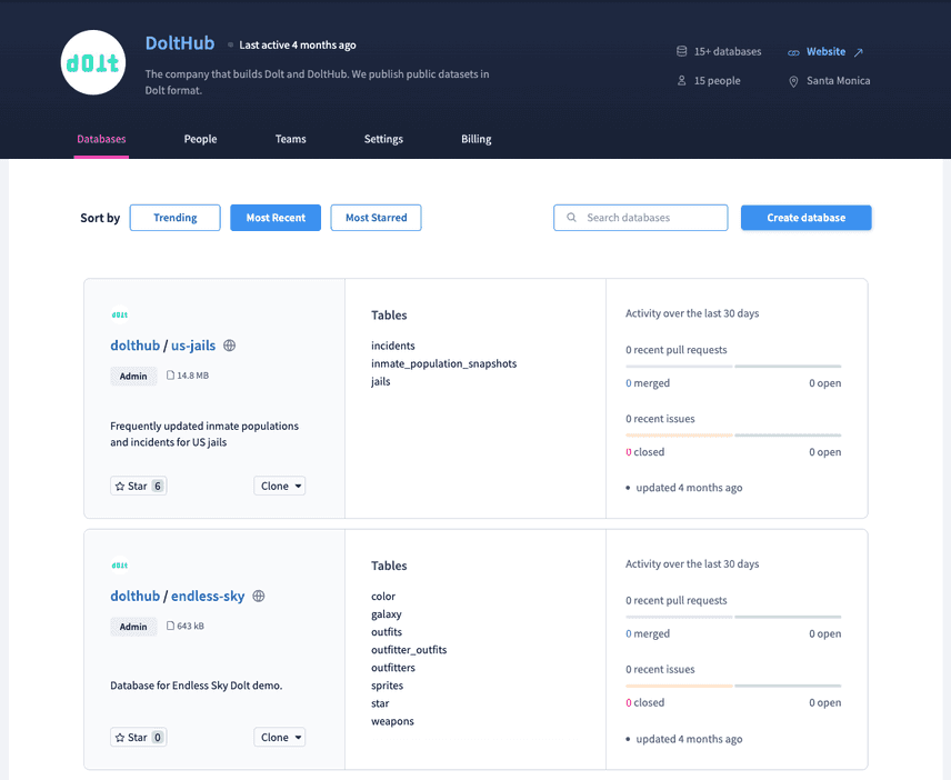 DoltHub organization profile example