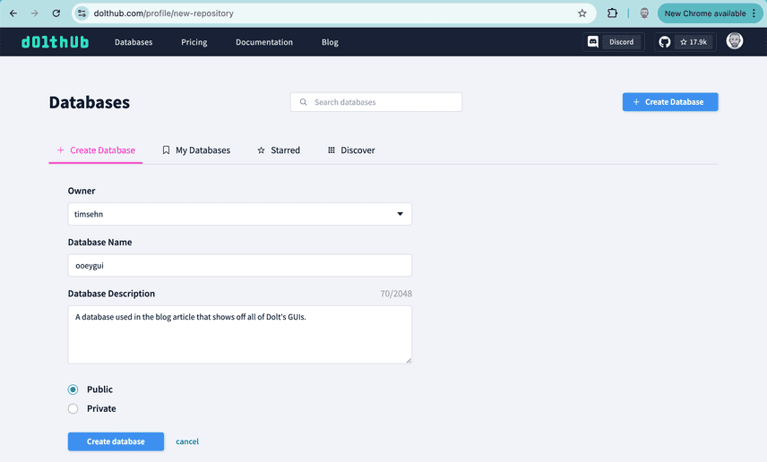 DoltHub Create Database Form