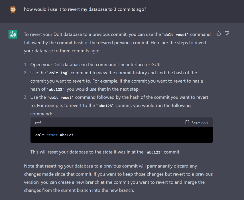 ChatGPT does dolt reset