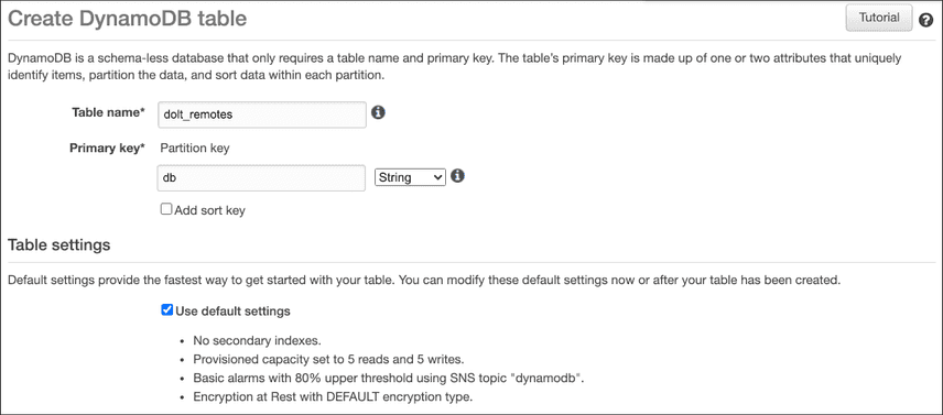 Create a Dynamo Table with a primary key of: db