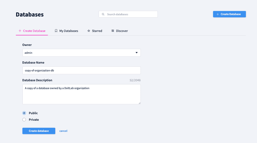 Create user DoltLab database example