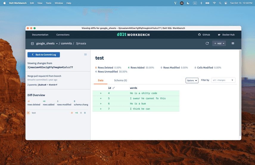 dolt workbench diff