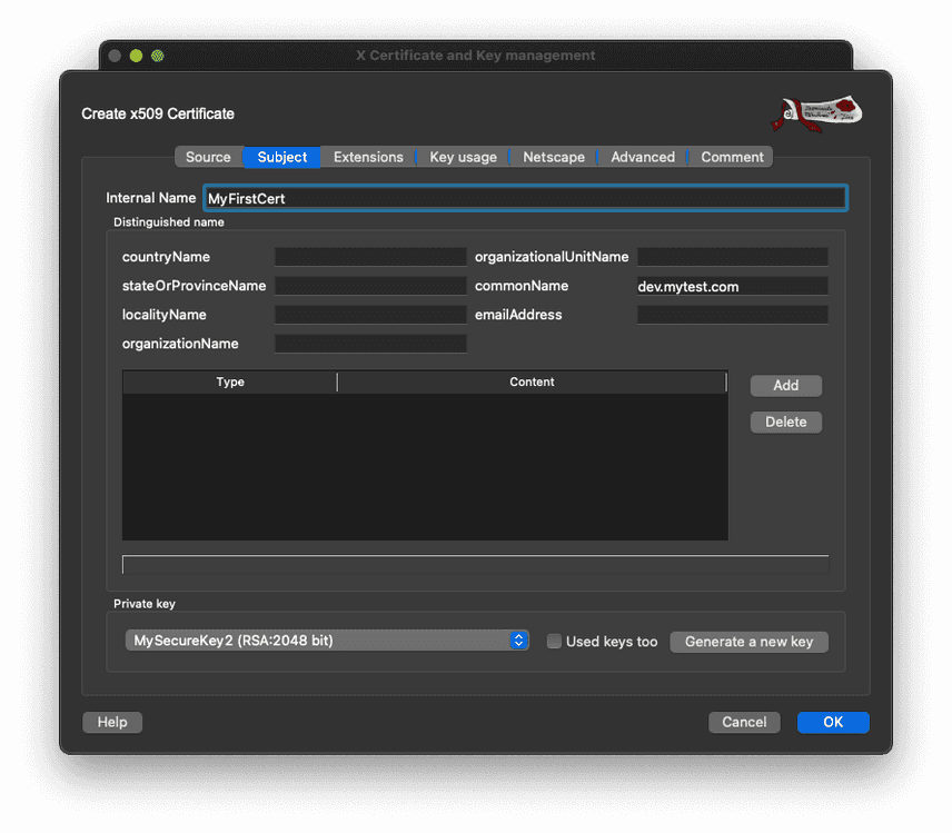 XCA create new certificate, subject tab