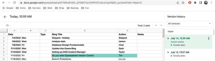 Google Sheets Version History